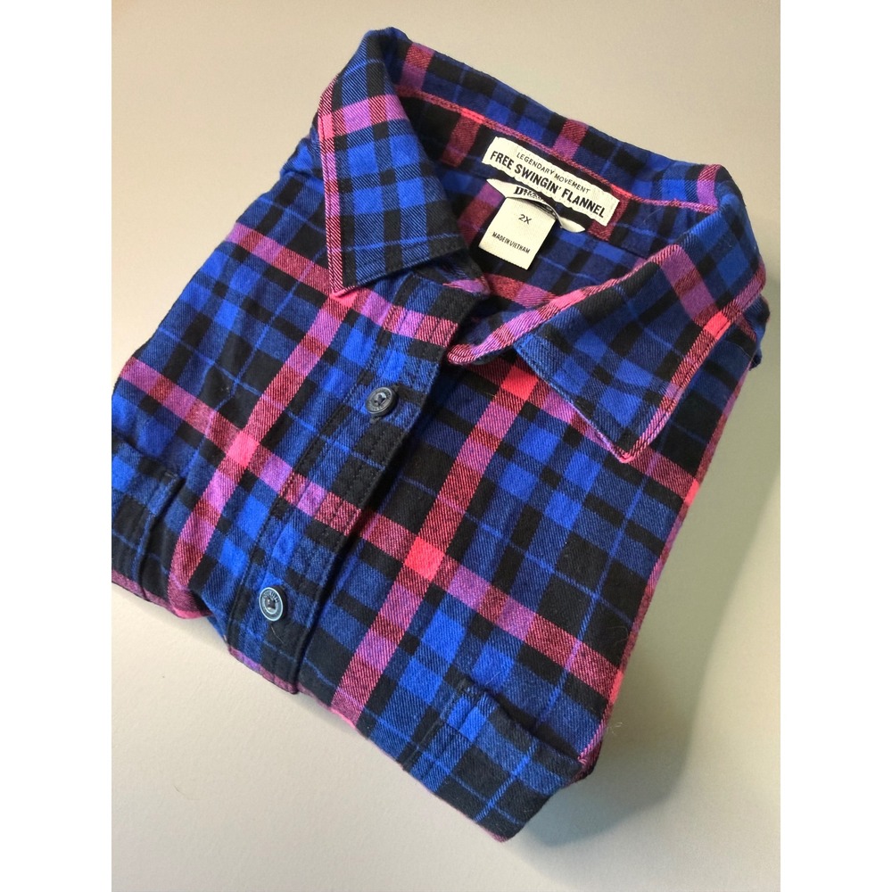 Duluth Trading Co Free Swingin Flannel Shirt Womens 2X Blue Pink Plaid Button Up